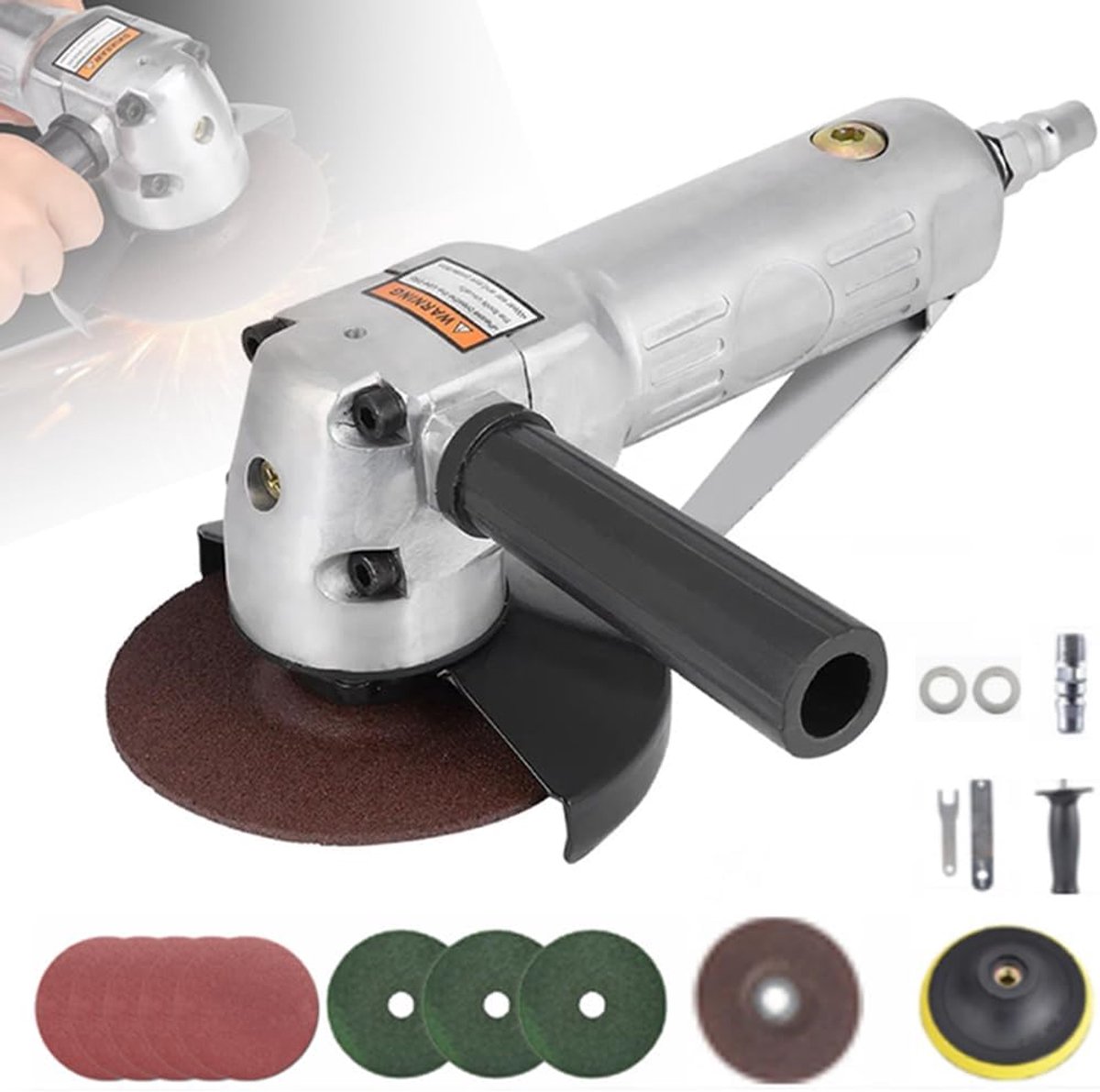 KARZO Pneumatische Hoekslijper Professioneel Gecomprimeerde Lucht 18 Stukken 11000 rpm met Schuurpapier 12 cm voor Polijsten
