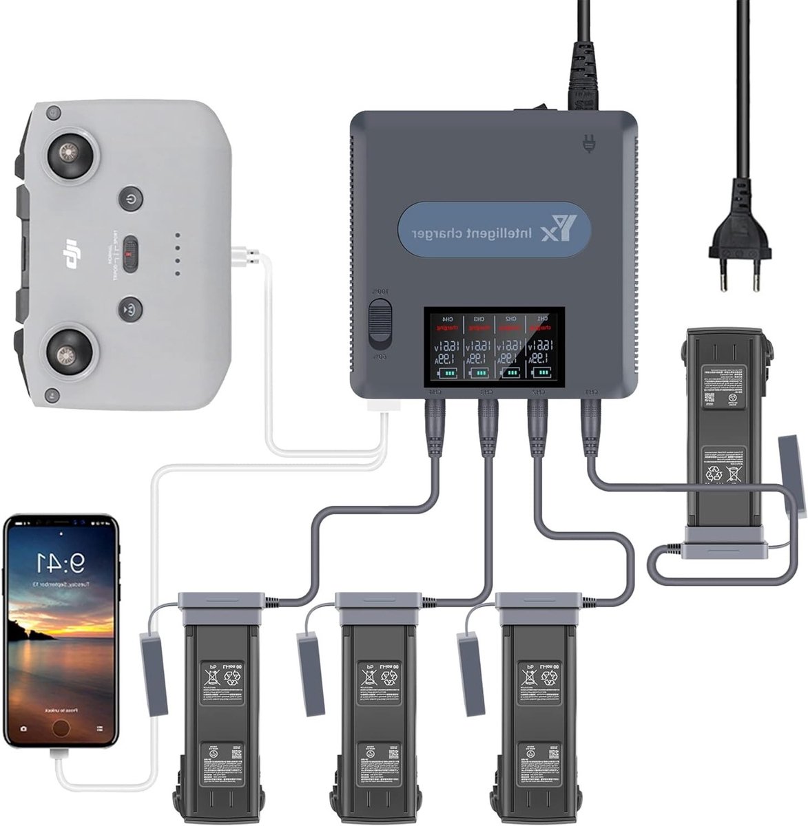 Intelligente Oplader met 6 in 1 LCD Display en Dual Charging Mode voor DJI Mavic 3 Drone Accu's en Accessoires