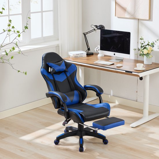 FloraGrace Gamingstoel 64 x 58 x 117-126 Cm - Ergonomisch Met Voetsteun En Massage - Kantoor En Gamerruimte - Zwart Blauw