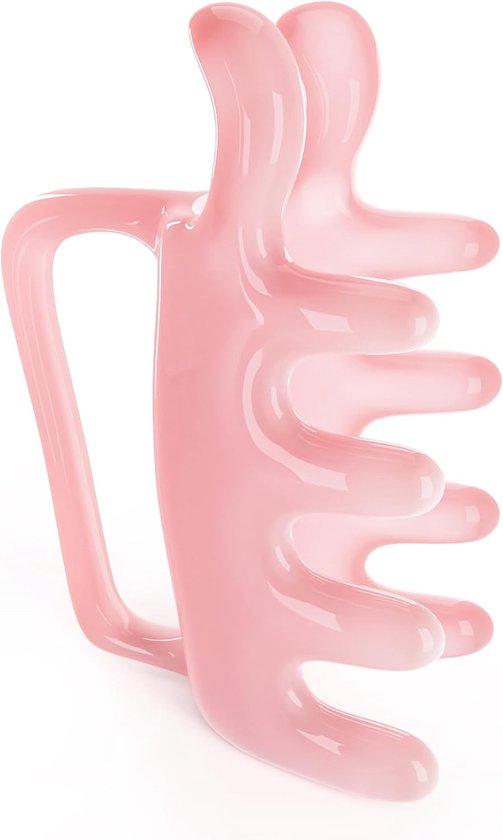 Roze, ergonomisch gevormd massage-instrument met handvat en 8 'vingers'.