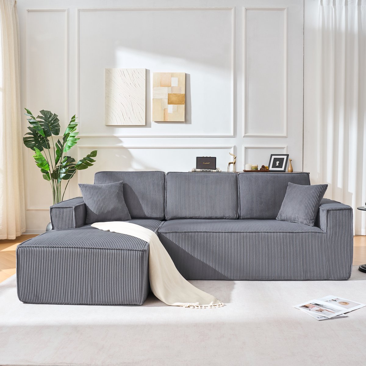 Wishdor Modulaire Hoekbank L-Vorm (Hoek Links) - Ribstof Plofbank met Chaise Longue - 2 Kussens - Grijs - 235x128x83 cm Grijs (Hoek Links)