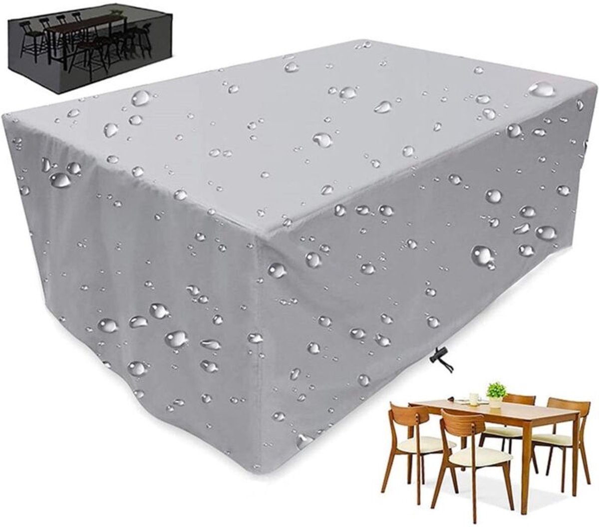 Tuintafelhoes, afgeschikt vooringen 255 x 130 x 80 cm, Oxford-stof, UV-bestendig, stofwerend, rechthoekige hoes voor tuinmeubelen, lichtgrijs.