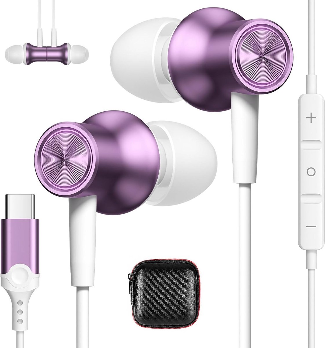 Draadloze oordopjes met microfoon voor iPhone 15 Pro en Samsung Galaxy - Sportieve USB-C hoofdtelefoon in paars voor gaming en muziek
