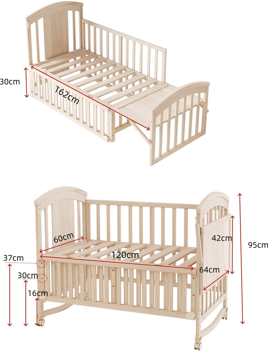 Sweiko Kinderbed - 120 x 60 x 95 cm - Massief houten Ledikant - Met verschoontafel - Inklapbaar opbergrek - Zonder matras - Naturel – foto 2