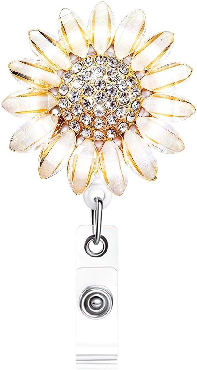 Badge Houder Bloem - Naamkaart Clip - ID Tonen - Luxe Kristal Bloem - 24 inch Intrekbaar - Champagne