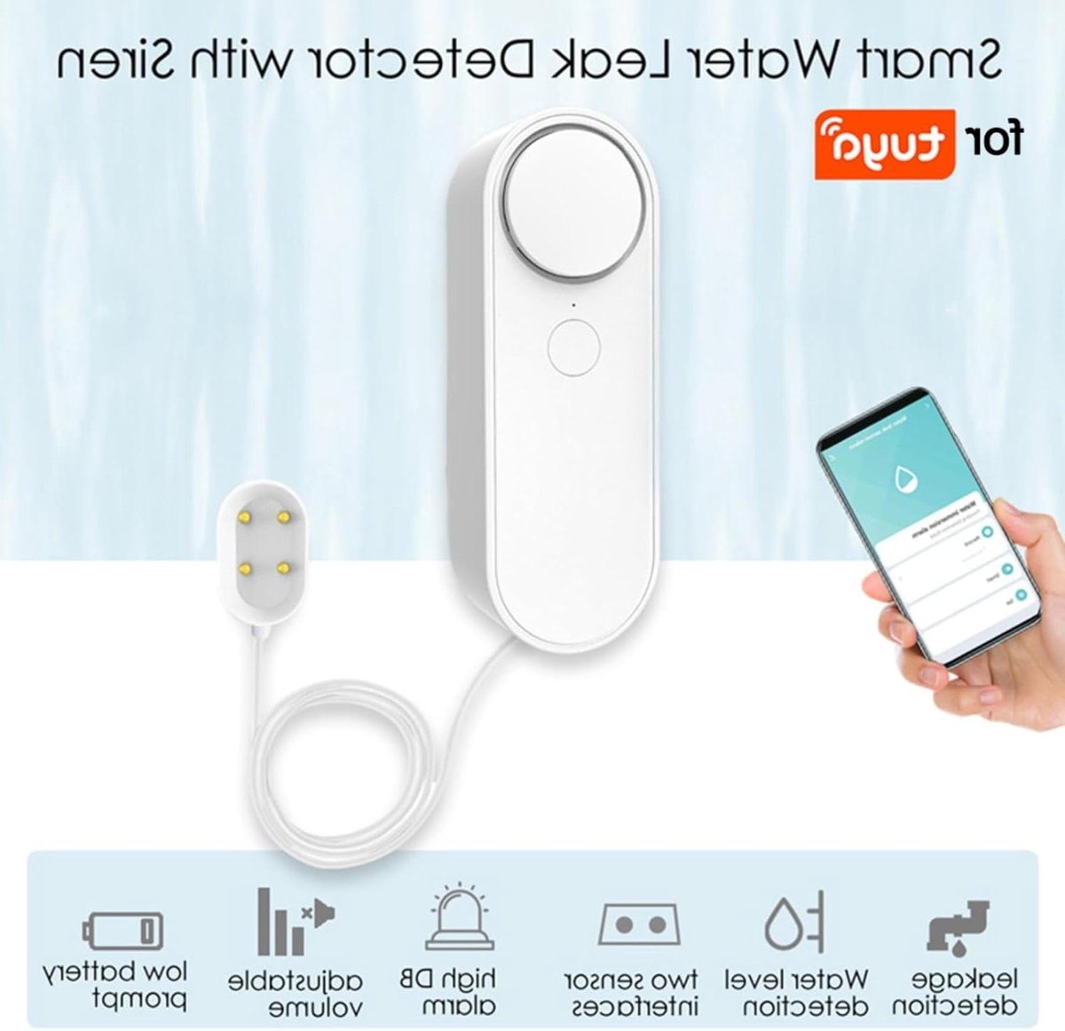 Waterniveausensor - Waterdetector - Waterlek detectie - Realtimemeldingen app - 85x40x25 mm - Wit