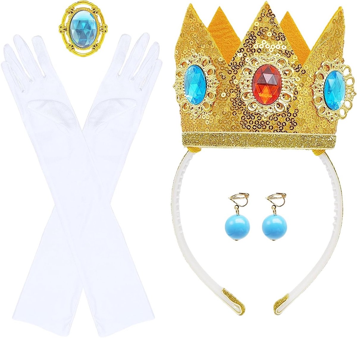 Prinsessen kostuumaccessoires set voor meisjes met kroon, oorbellen, handschoenen en broche voor verjaardagen, carnaval en Halloween feestjes