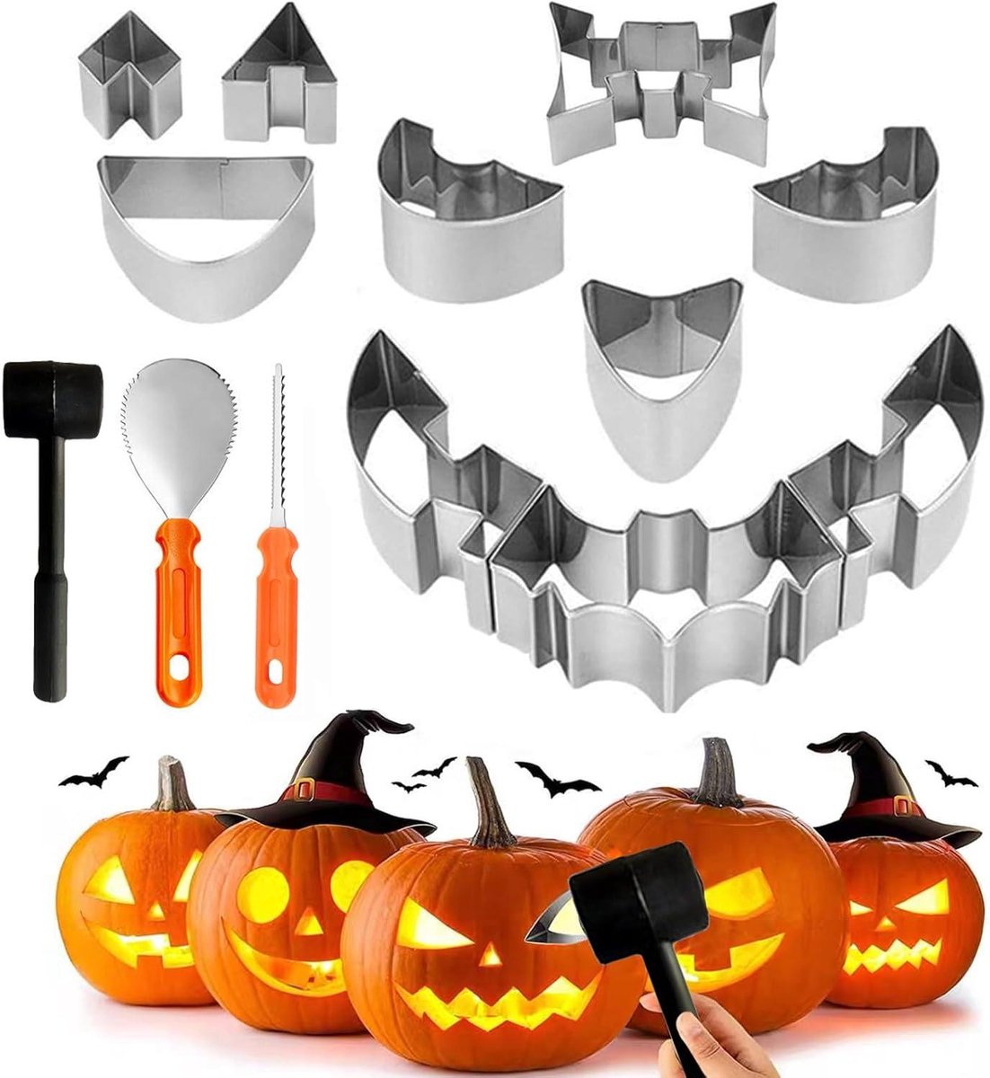 Pompoen Uitsnijset - Halloween Gereedschap - Creëren Decoraties - Roestvrij Staal - 13 Delig - Zilverkleurig