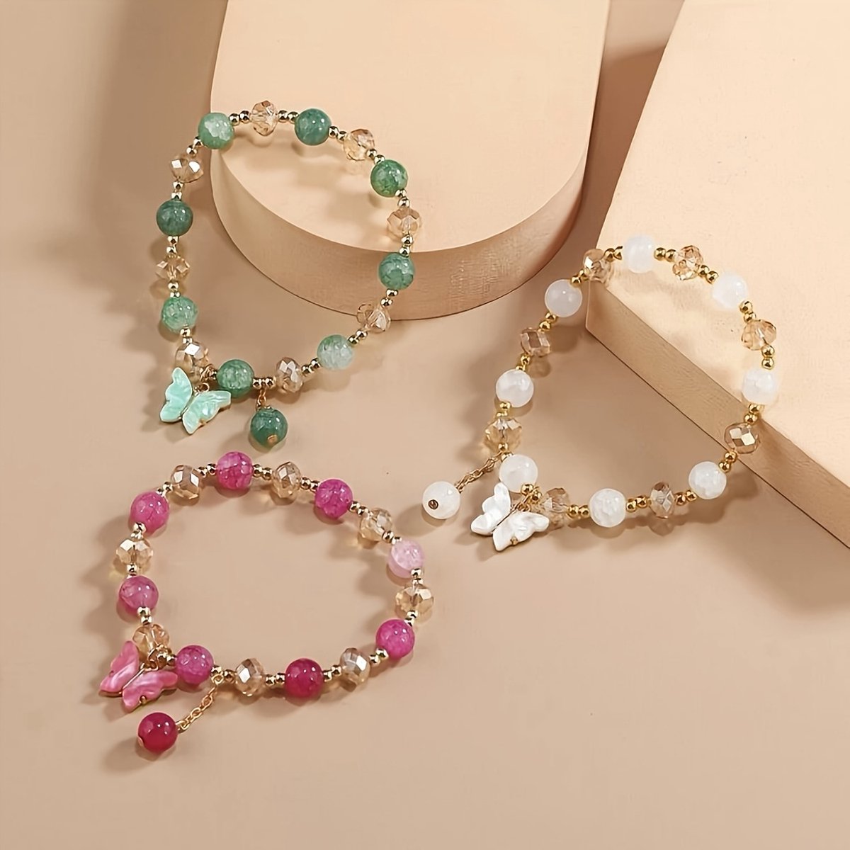 Sjika - Dames Armbandenset – 3 Delige Kralen Armbanden met Vlinders – Boho Armband Set – Elastisch – Trendy Sieraden - Cadeau voor haar