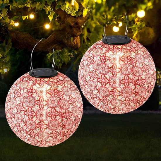 Kleurige lampions van 25 cm met solar LED voor buitengebruik, weerbestendige hanglampen voor tuin en patio, set van 2