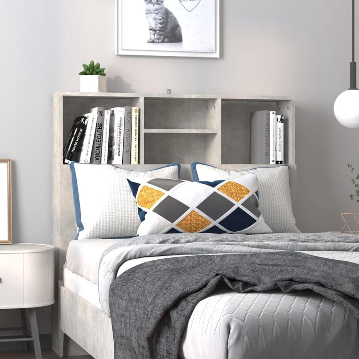 Hoofdeinde met kasten - Opbergkast bed - Slaapkamer organiseren - Vier bovenste vakken - 100x19x1035 cm - Beton grijs