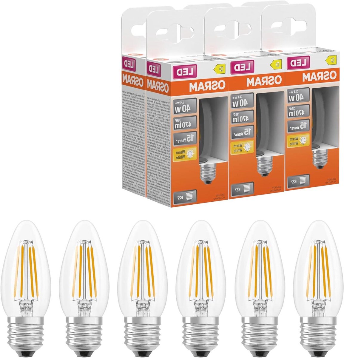 OSRAM LED-lamp Ster kaarsvorm B40 filament, 2700 K warm wit, 3,4 W, E27, helder, 470 lm, 1