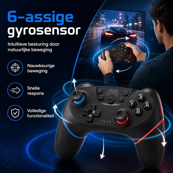 Zwarte draadloze controller met blauwe en rode LED-accenten, met een persoon die gamet op de achtergrond.