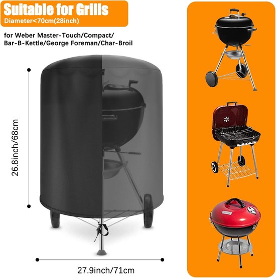 Zwarte grillhoes, 71 cm breed en 68 cm hoog, met tekening van verschillende ronde grills.