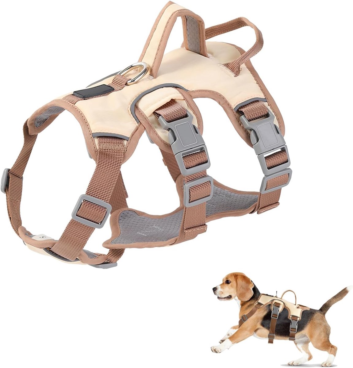 Multifunctioneel hondenharnas, onbreekbaar anti-trekhondenharnas, anti-trektuigje, hondenveiligheidsharnas, kleine honden voor kleine middelgrote honden (beige, S)