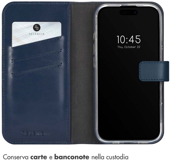 Blauw echt lederen telefoonhoesje met vakken voor kaarten en bankbiljetten.