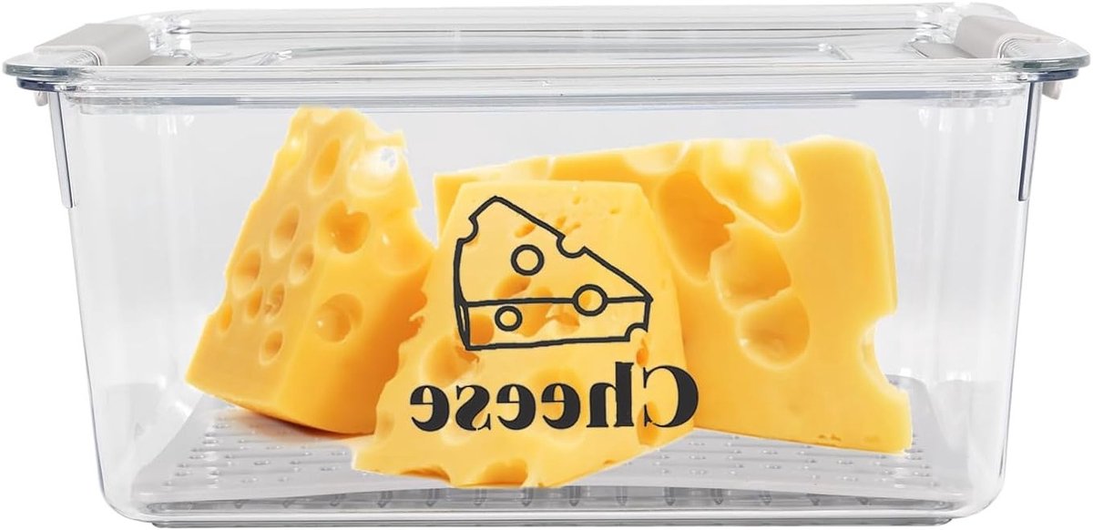 Praktische Kaasdoos voor de Koelkast met Anti-Geuroverlast en Afvoergedeelte, BPA-vrij, Ideaal voor Kaas, Vleeswaren, Groenten en Fruit, Transparant en Stapelbaar, 23 x 15 x 10 cm, Wit