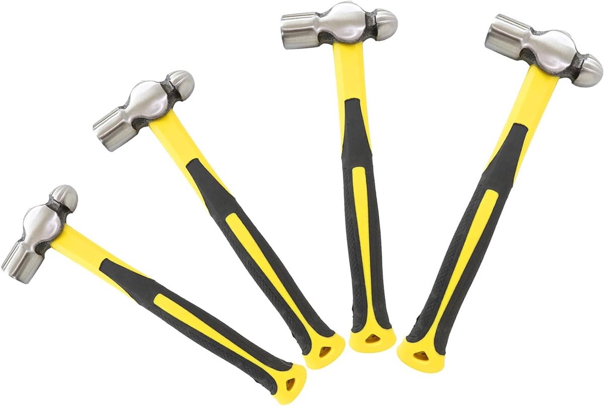 Allecta - Ball Peen Hammer Set met 4 Hamers, 16 oz+24 oz+32 oz+40 Oz, Antislip Rubber Handvat, Lange Handvat, Metalen Ronde Hoofd Hamer - Thuis Industrieel Gebruik