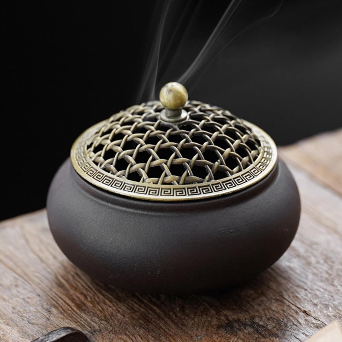 Vintage Keramische Wierookbrander met Metalen Deksel en Vuurvaste Houder - Ronde Chinese Porseleinen Wierookkom voor Thuis, Meditatie, Woonkamer en Kantoor Decoratie