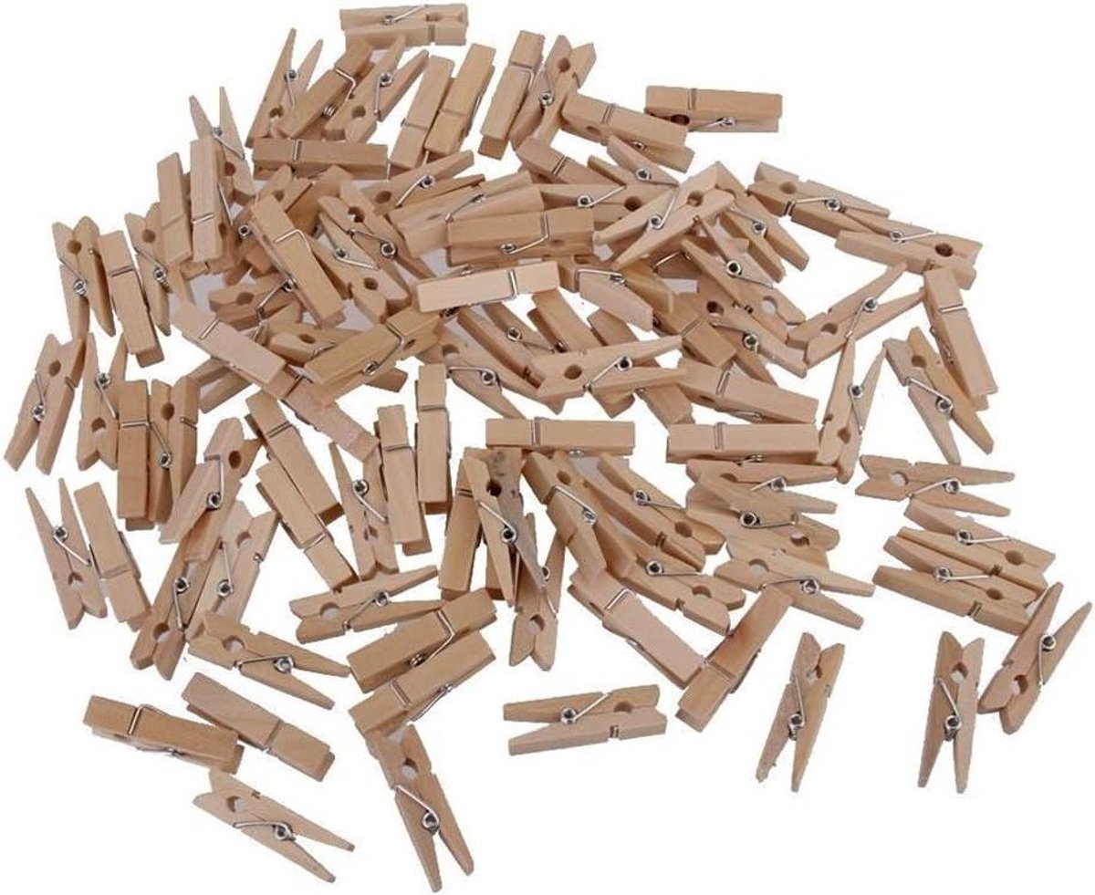 Houten Knijpers - Mini Clips - Foto Decoratie - Natuurlijk Hout - 100 Stuks - Bruin