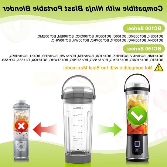 Vervangende Mengbeker voor Draagbare Blender met Deksel en Handvat - Geschikt voor Ninja BC151NV, BC151CR en BC100 Series - Ideaal voor Smoothies en Dranken — afbeelding 3