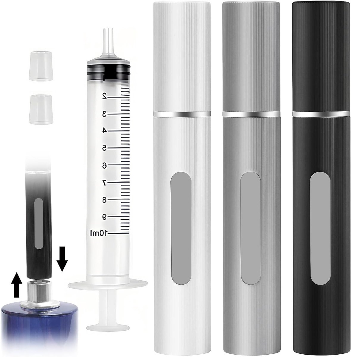 Set van 3 Herbruikbare 10ml Parfum Atomizers, Draagbare Mini Spray Flacon voor Reizen, Lekvrije Dispenser voor Handtas en Portemonnee in Zwart, Grijs en Zilver
