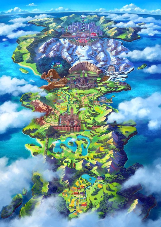 Kaart van het Galar-gebied in Pokémon Sword and Shield, met bergen en steden.