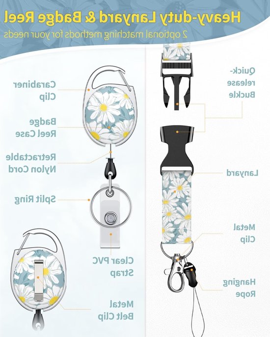 Stijlvolle Badgehouder met Witte Bloemenprint, Retractable Reel, Carabiner Clip en Afneembare Lanyard voor Vrouwen, Verpleegkundigen en Studenten — afbeelding 2
