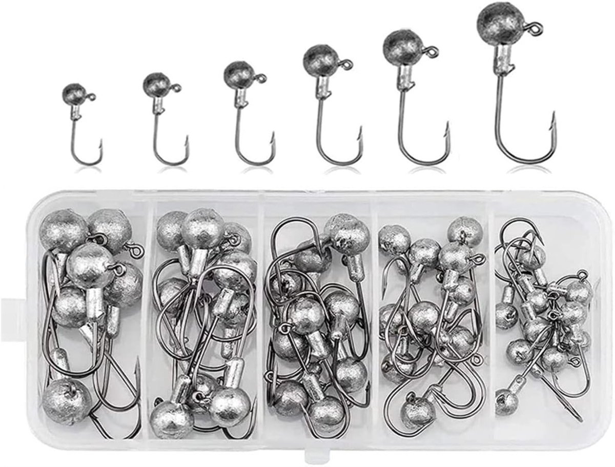 Complete Set van 45 Vismonsters met Ronde Jigkoppen voor Baars en Forel in Praktische Opbergdoos voor Zoet- en Zoutwater Visserij
