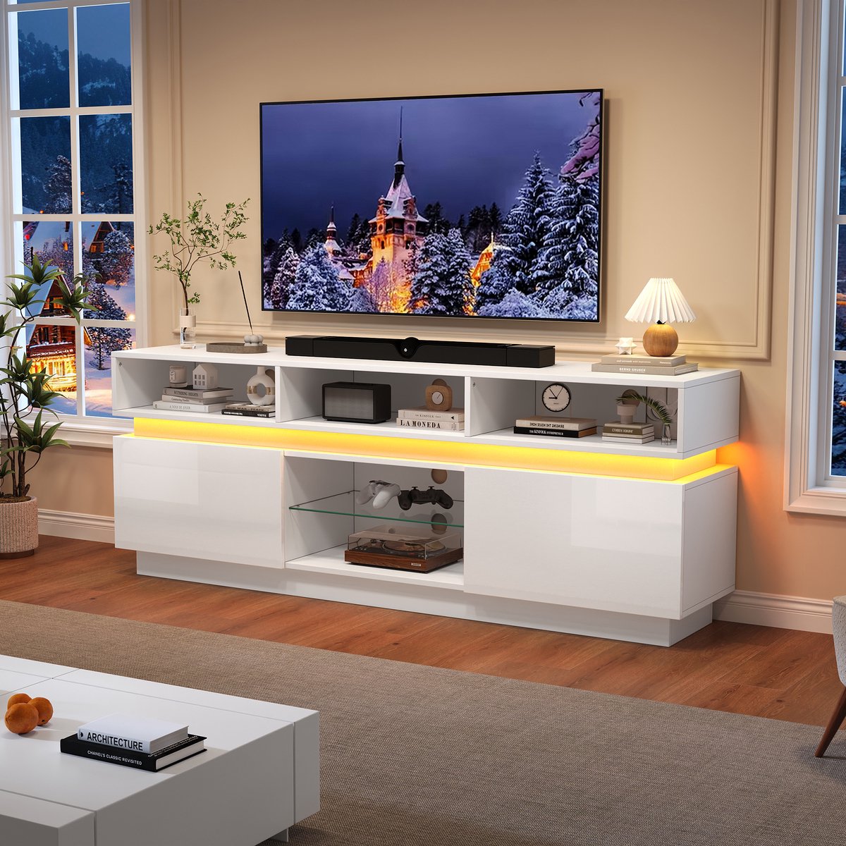 MODENUIT Tv-Meubel - Opbergruimte Met Ledverlichting En Glasplaat - Voor Woonkamer - MDF Wit - 160x35x60 Cm