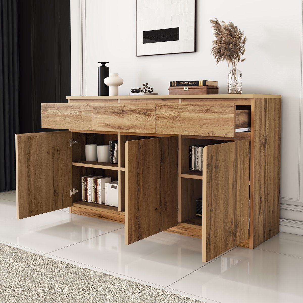 MODENUIT Dressoir - 3 Deuren En 3 Lades - Voor Woonkamer En Eetkamer - Spaanplaat - 135x40x81 Cm - Houtkleur