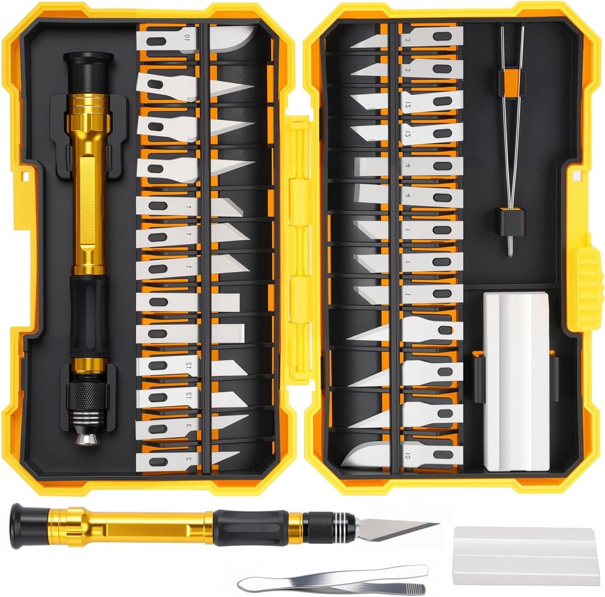 29-delige scalpelset voor houtsnijwerk, leerbewerking en modelbouw, precisie hobby- en graveertools, inclusief 1 tranche mes, 26 messen, 1 pincet en 1 slijper