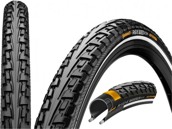 Zwarte Continental Ride Tour fietsband met reflecterende streep, met grof profiel.