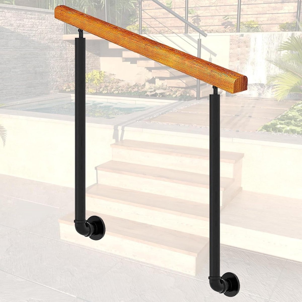 Trapleuning Hout Metaal - Steunpaal Veranda - Veilig Traplopen - Verstelbare Hoek - Hoogte 95cm - Zwart
