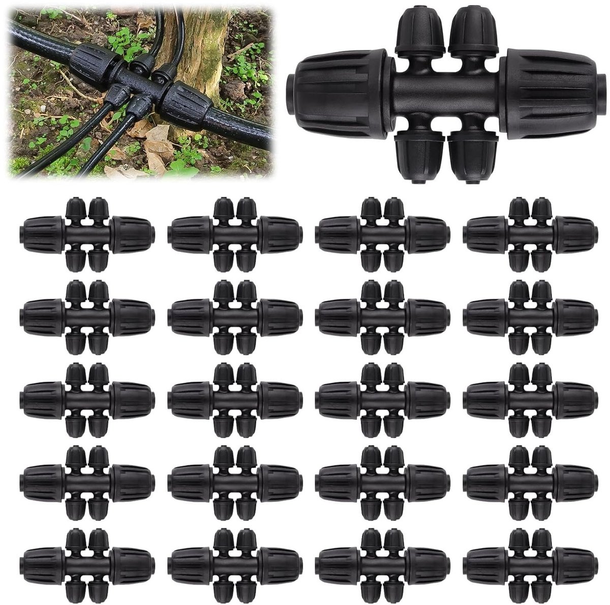 20 Stuks - Vergrendelde T-Connectoren - Druppelirrigatie Fittings Kit - Buis Connector - 6-Weg Vergrendeling - Gebarricadeerde - 1/2 Inch naar 1/4 Inch - 12/16mm naar 4/7mm - Vrouwelijke Connector - Geschikt voor Irrigatiesystemen - Diverse Kleuren
