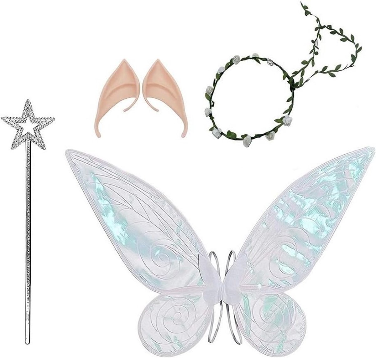 Feeënvleugels set voor volwassenen met elfenoren en bloemenhoofd voor kostuum, carnaval, Halloween en cosplay feestdecoratie
