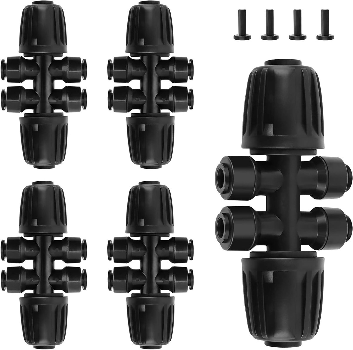 5PCS 1/2" naar 1/4" Barbed Wire Tee Snelle Verbinders, Push-to-Fit 6-Weg Druppelirrigatie Fittingen met 4PCS Stoppen voor Tuinirrigatie, Waterbesparing en Tuinonderhoud