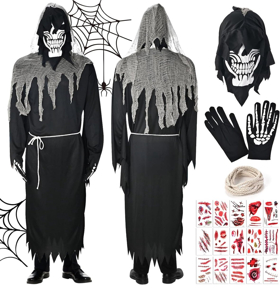 Halloween Kostuum voor Mannen - Skelet Horror Outfit met Gezichtsmasker, Handschoenen en 25 Tatoeages voor Volwassenen - Unisex Halloween Carnaval Kostuum