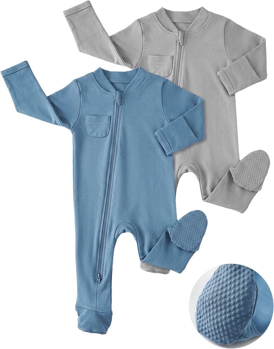 Set van 2 Katoenen Babypyjama's met Lange Mouwen voor Pasgeborenen, Jongens en Meisjes in Blauwgrijs, Comfortabele Baby Kleding voor 0 Maanden