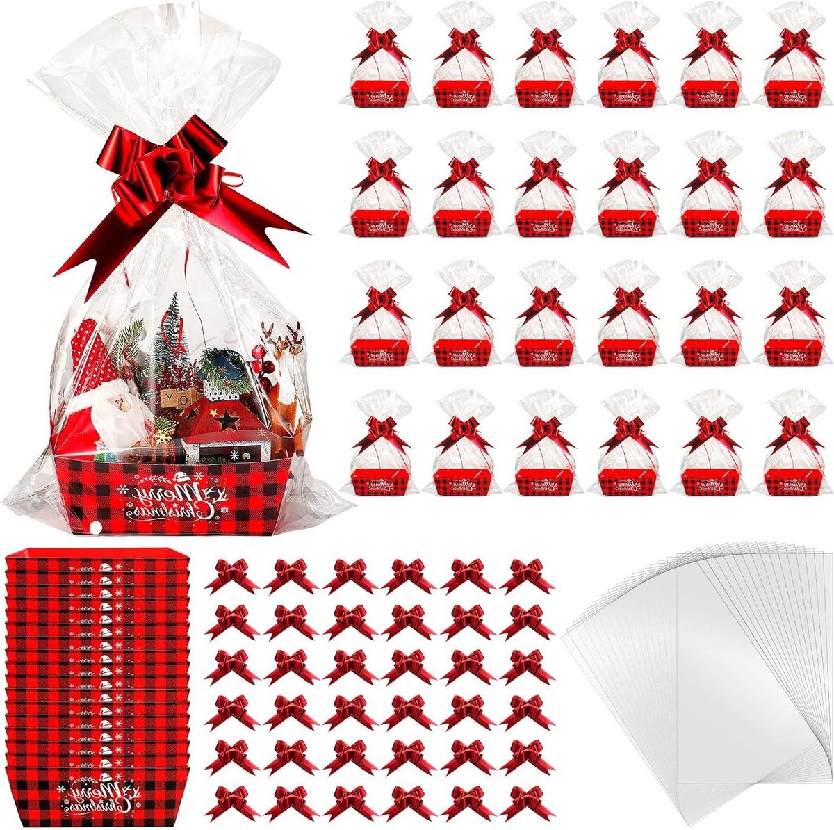 Kerstcadeau Mandjes - DIY Geschenk - Gezellig Inpakken - Met Strikken Zakken - 24 Stuks - Plaid