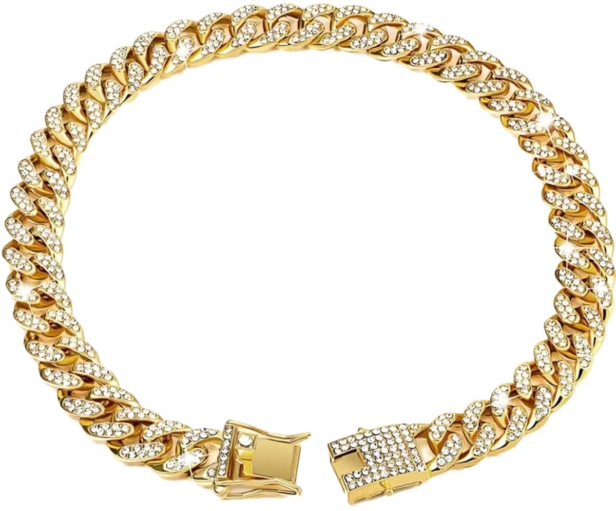 Wambere Dog Chain Cuban Collar met Diamanten - Verstelbare Legering Halsband voor Honden en Katten - Goud 65 cm