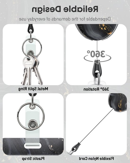 Schattige Retractable Sleutelhanger met Zwart Marmer Design, Stevige Badge Reel voor Sleutels en ID Kaarten, Inclusief Carabiner en Badge Clip — afbeelding 4