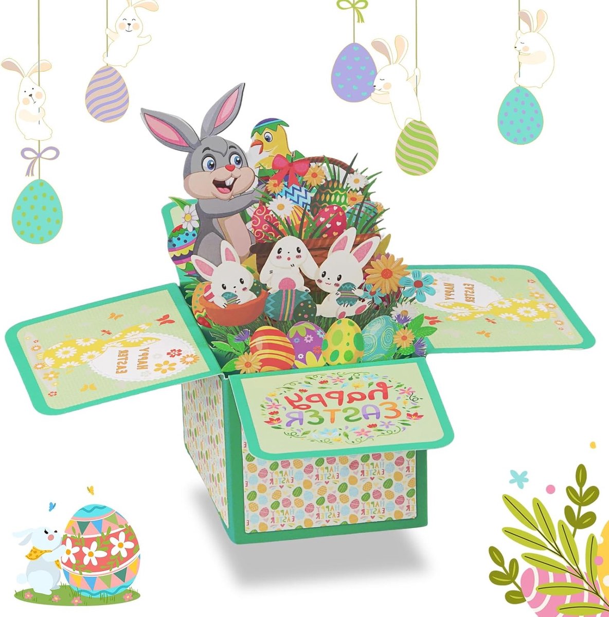 Vrolijke 3D pop-up paaskaart met hazen, paaseieren en bloemenpatroon voor kinderen, perfect als geldcadeau of cadeaubon met bijpassende envelop