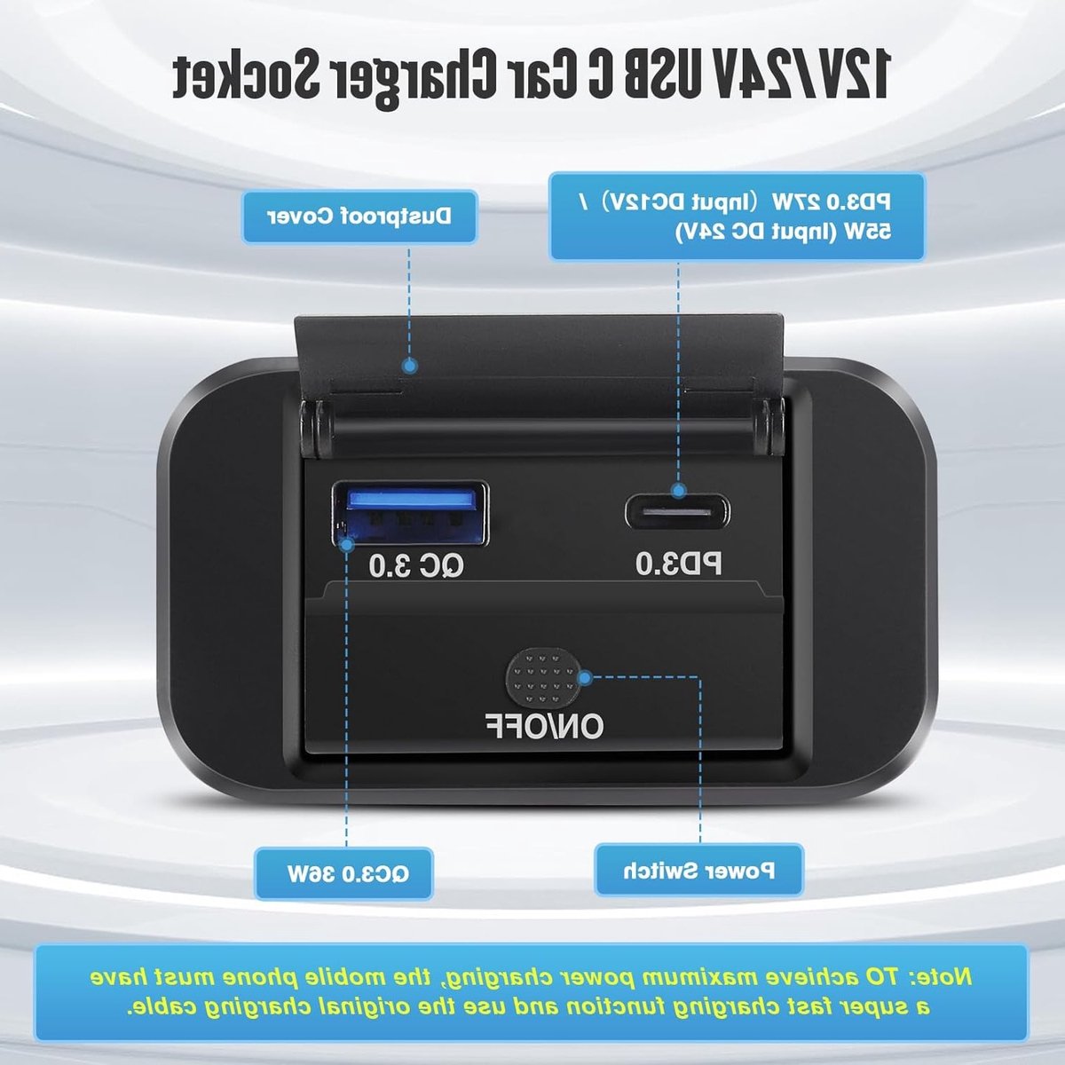 Dual USB C Oplaadpunt 12V Auto Lader 36W QC3.0 en 55W PD Type C Snelladen Waterproof met Schakelaar voor Auto, Boot en Camper – foto 5