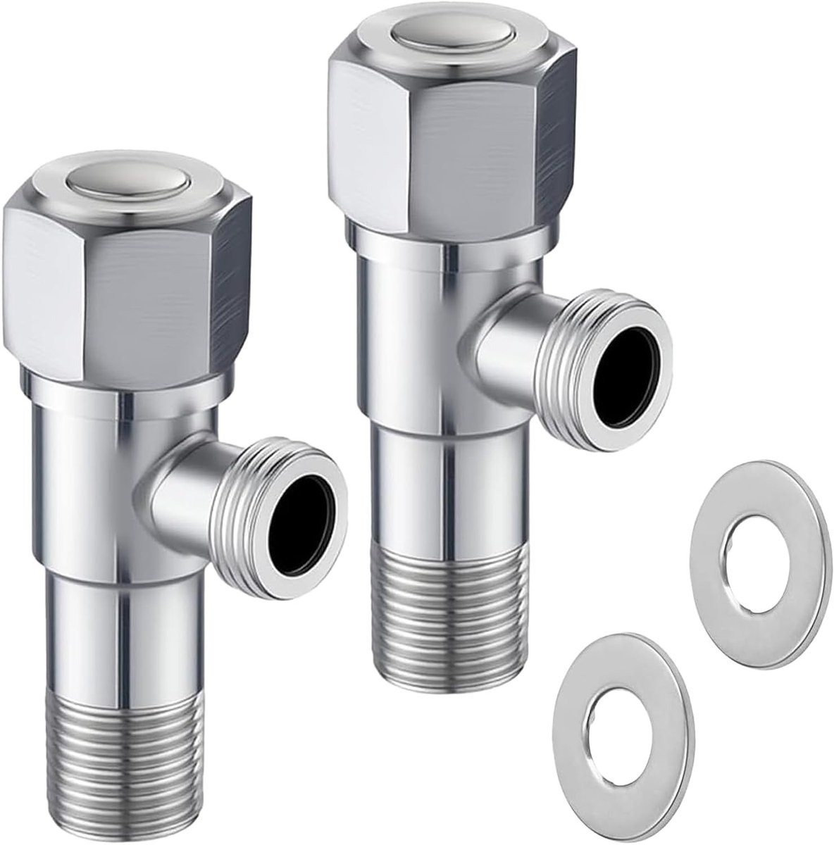 Hoekventielen 1/2 inch van 304 roestvrij staal, 2 stuks met 3/8 inch slangaansluiting voor wastafel en toilet, ideaal voor wasmachine en keuken