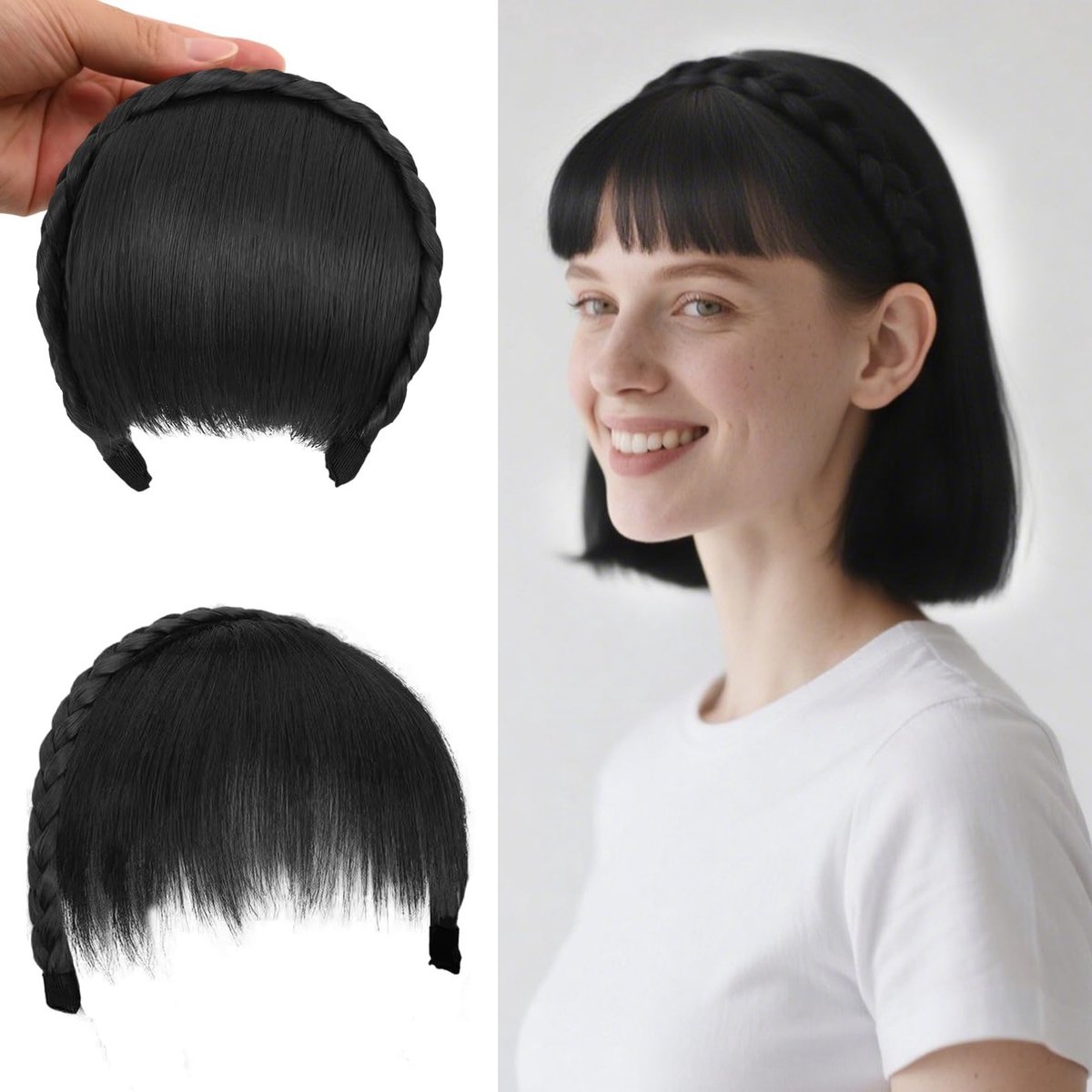 Vrouwen Haarband met Pony, Synthetische Vlechtstuk voor een Natuurlijke Look - Zwart Haaraccessoire voor Feestjes en Dagelijks Gebruik