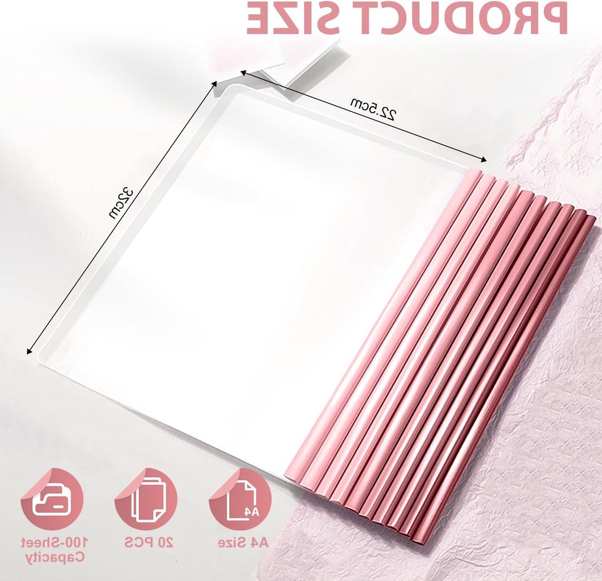 20 Stuks A4 Klemmap voor Thermobinden, Transparante Klemmap voor Kantoor, School en Documenten, Organizer met 10mm Rugbreedte (Roze)