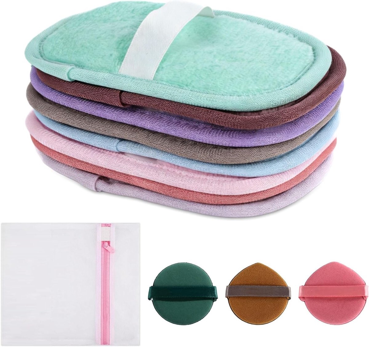 Wasbare make-updoeken en herbruikbare wattenpads - 8 stuks reinigingspads voor gezicht, make-up remover en reisaccessoires