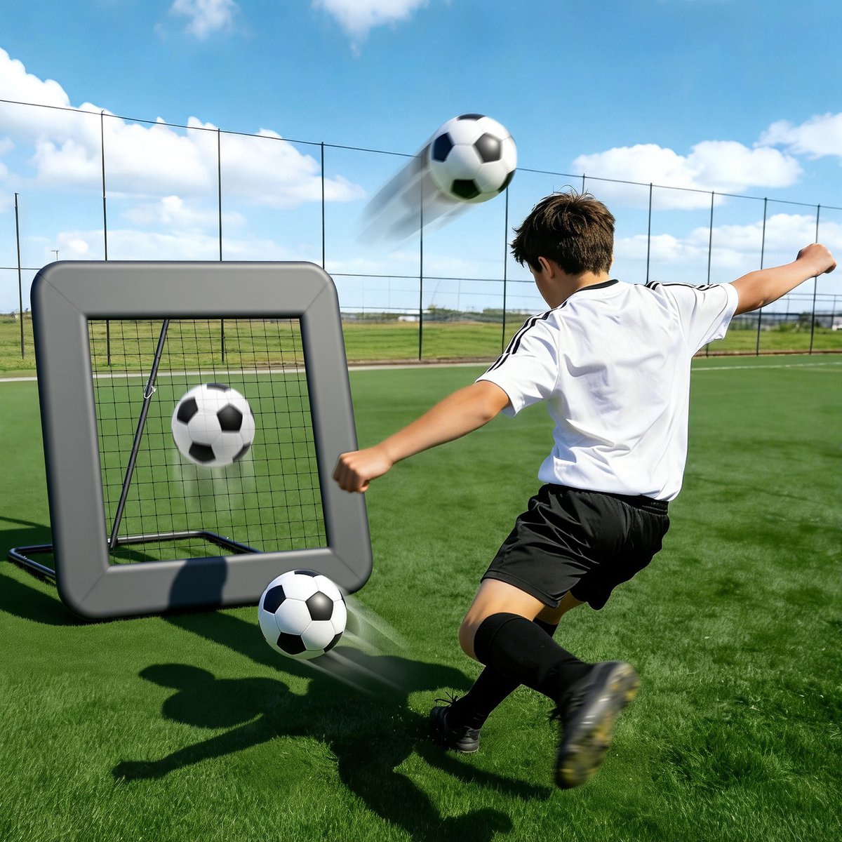 Trainingsnet voor voetbal met verstelbare reboundhoek, enkele paal, ijzeren frame en PE-net, ideaal voor tuintraining