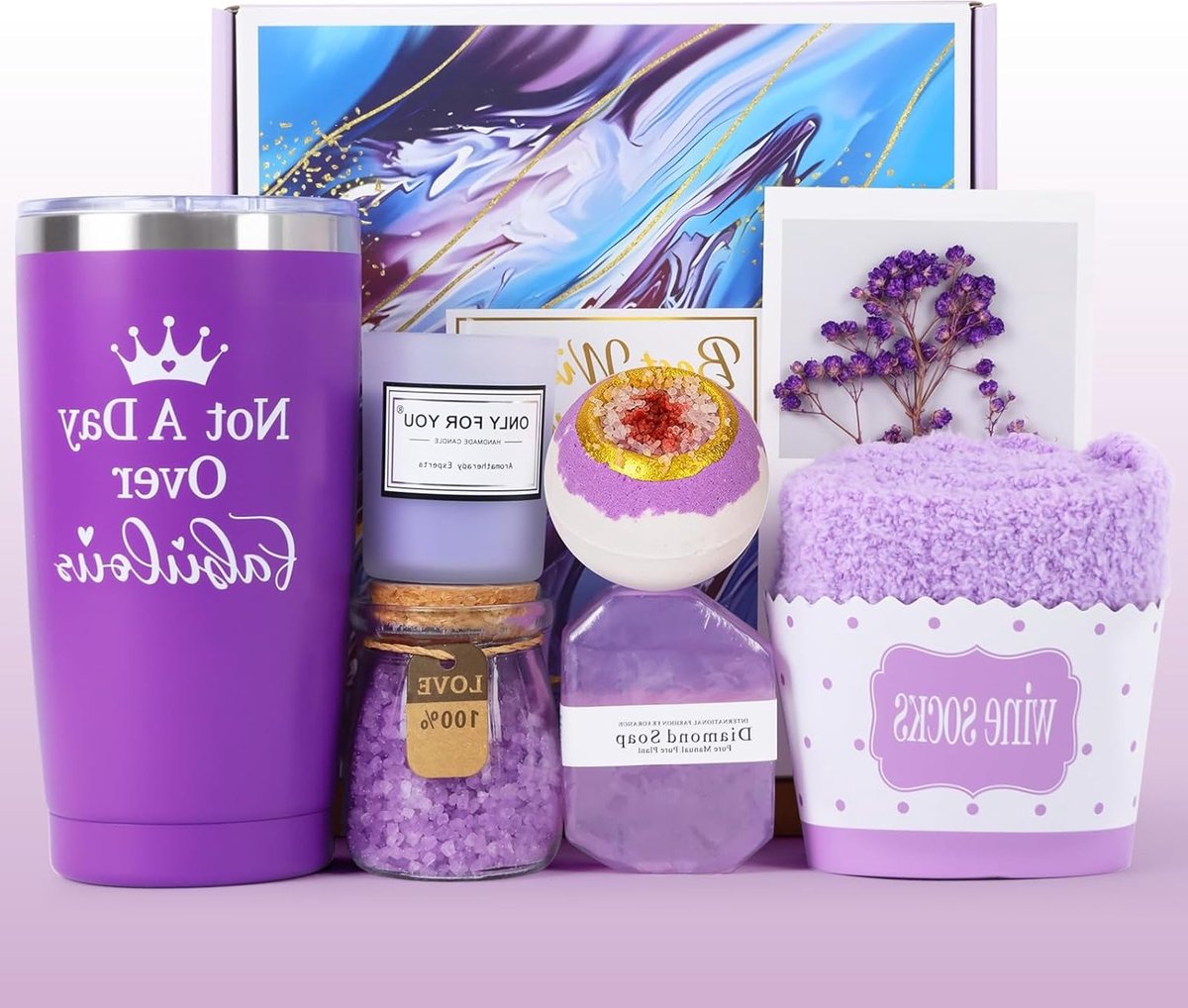 Persoonlijke Cadeaus voor Vrouwen - Verjaardagscadeau Box met 50ml Mok voor Ontspanning en Wellness voor Moeder, Vrouw, Zus of Beste Vriendin - Donkerpaars